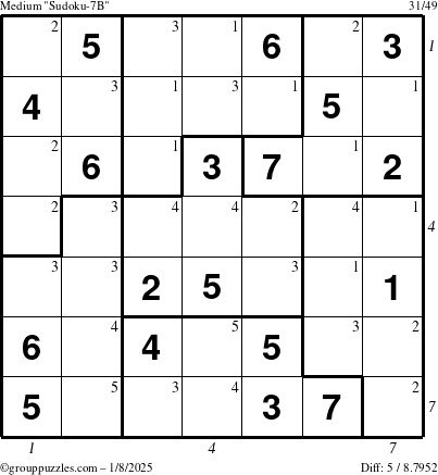 The grouppuzzles.com Medium Sudoku-7B puzzle for Wednesday January 8, 2025, suitable for printing, with all 5 steps marked