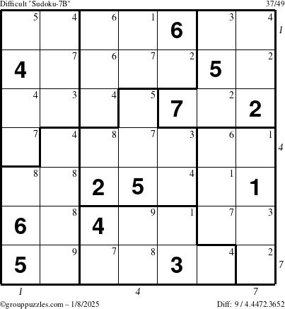 The grouppuzzles.com Difficult Sudoku-7B puzzle for Wednesday January 8, 2025 with all 9 steps marked