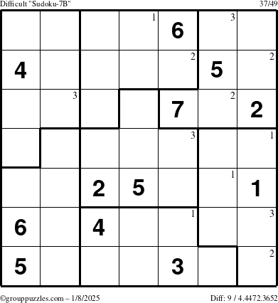 The grouppuzzles.com Difficult Sudoku-7B puzzle for Wednesday January 8, 2025 with the first 3 steps marked