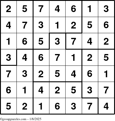 The grouppuzzles.com Answer grid for the Sudoku-7B puzzle for Wednesday January 8, 2025