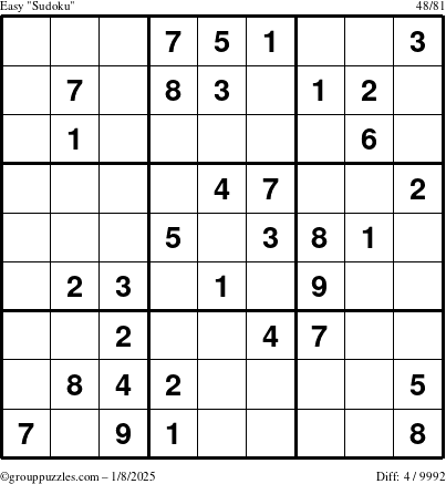 The grouppuzzles.com Easy Sudoku puzzle for Wednesday January 8, 2025