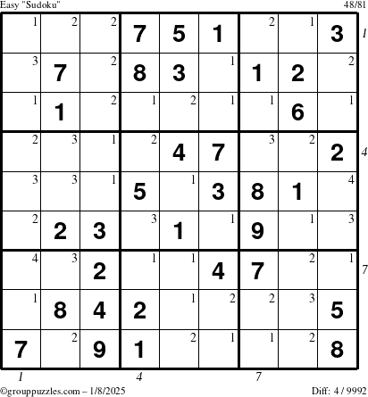 The grouppuzzles.com Easy Sudoku puzzle for Wednesday January 8, 2025 with all 4 steps marked