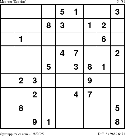 The grouppuzzles.com Medium Sudoku puzzle for Wednesday January 8, 2025