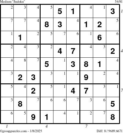 The grouppuzzles.com Medium Sudoku puzzle for Wednesday January 8, 2025, suitable for printing, with all 8 steps marked