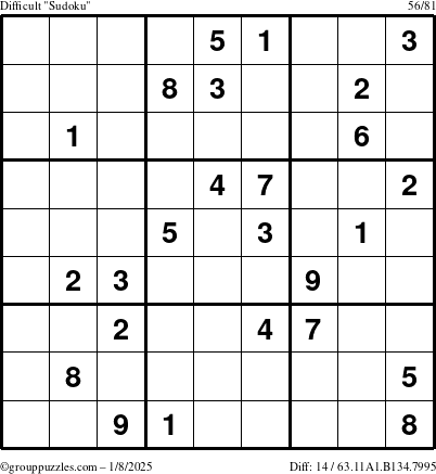 The grouppuzzles.com Difficult Sudoku puzzle for Wednesday January 8, 2025