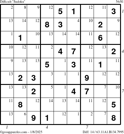 The grouppuzzles.com Difficult Sudoku puzzle for Wednesday January 8, 2025 with all 14 steps marked