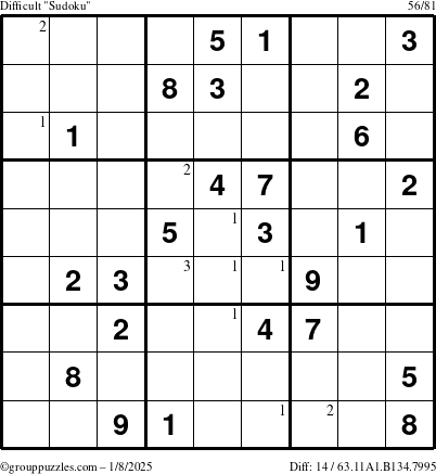 The grouppuzzles.com Difficult Sudoku puzzle for Wednesday January 8, 2025 with the first 3 steps marked