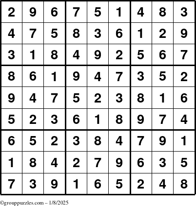 The grouppuzzles.com Answer grid for the Sudoku puzzle for Wednesday January 8, 2025