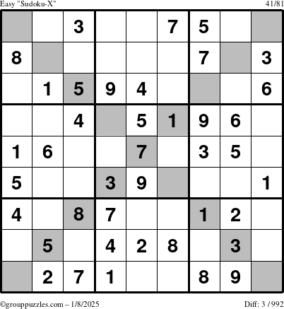 The grouppuzzles.com Easy Sudoku-X puzzle for Wednesday January 8, 2025