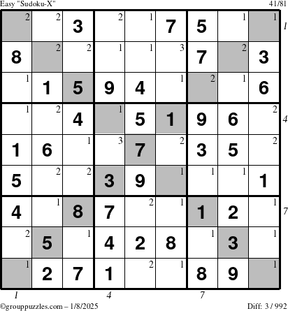 The grouppuzzles.com Easy Sudoku-X puzzle for Wednesday January 8, 2025 with all 3 steps marked