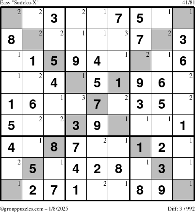 The grouppuzzles.com Easy Sudoku-X puzzle for Wednesday January 8, 2025 with the first 3 steps marked