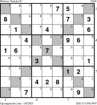 The grouppuzzles.com Medium Sudoku-X puzzle for Wednesday January 8, 2025 with all 8 steps marked