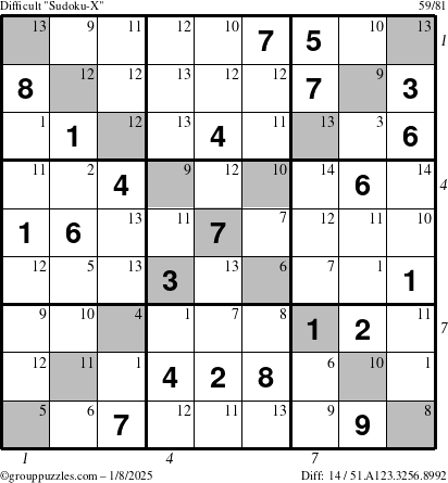 The grouppuzzles.com Difficult Sudoku-X puzzle for Wednesday January 8, 2025 with all 14 steps marked