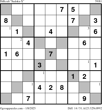 The grouppuzzles.com Difficult Sudoku-X puzzle for Wednesday January 8, 2025 with the first 3 steps marked