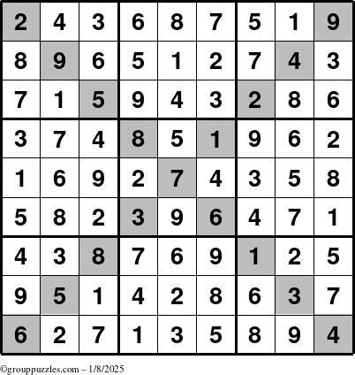 The grouppuzzles.com Answer grid for the Sudoku-X puzzle for Wednesday January 8, 2025