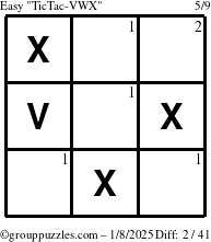 The grouppuzzles.com Easy TicTac-VWX puzzle for Wednesday January 8, 2025 with the first 2 steps marked