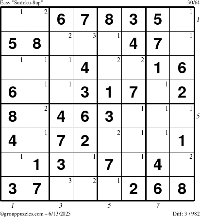 The grouppuzzles.com Easy Sudoku-8up puzzle for Friday June 13, 2025, suitable for printing, with all 3 steps marked