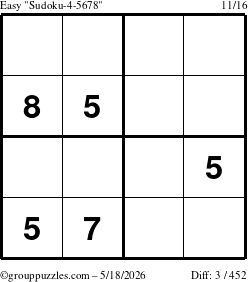 The grouppuzzles.com Easy Sudoku-4-5678 puzzle for Monday May 18, 2026
