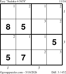 The grouppuzzles.com Easy Sudoku-4-5678 puzzle for Monday May 18, 2026, suitable for printing, with all 3 steps marked