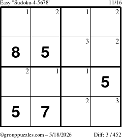 The grouppuzzles.com Easy Sudoku-4-5678 puzzle for Monday May 18, 2026 with the first 3 steps marked