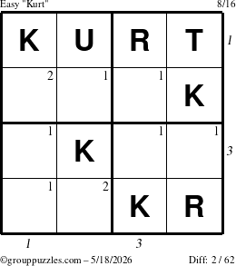 The grouppuzzles.com Easy Kurt puzzle for Monday May 18, 2026, suitable for printing, with all 2 steps marked