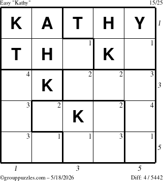 The grouppuzzles.com Easy Kathy puzzle for Monday May 18, 2026, suitable for printing, with all 4 steps marked