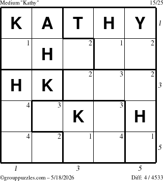 The grouppuzzles.com Medium Kathy puzzle for Monday May 18, 2026, suitable for printing, with all 4 steps marked