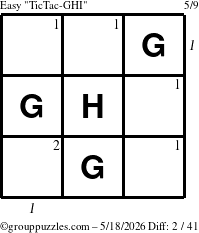 The grouppuzzles.com Easy TicTac-GHI puzzle for Monday May 18, 2026, suitable for printing, with all 2 steps marked