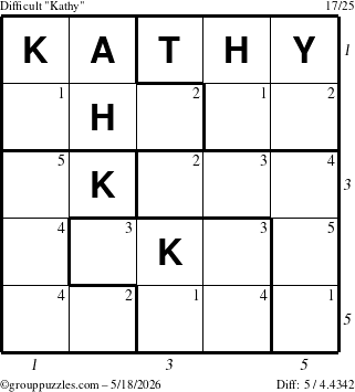 The grouppuzzles.com Difficult Kathy puzzle for Monday May 18, 2026, suitable for printing, with all 5 steps marked