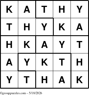 The grouppuzzles.com Answer grid for the Kathy puzzle for Monday May 18, 2026