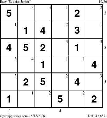 The grouppuzzles.com Easy Sudoku-Junior puzzle for Monday May 18, 2026, suitable for printing, with all 4 steps marked