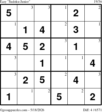 The grouppuzzles.com Easy Sudoku-Junior puzzle for Monday May 18, 2026 with the first 3 steps marked