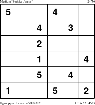 The grouppuzzles.com Medium Sudoku-Junior puzzle for Monday May 18, 2026