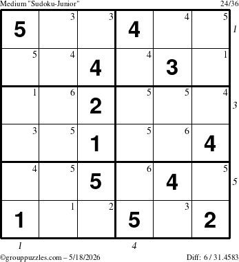 The grouppuzzles.com Medium Sudoku-Junior puzzle for Monday May 18, 2026 with all 6 steps marked
