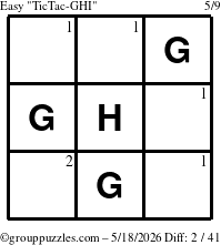The grouppuzzles.com Easy TicTac-GHI puzzle for Monday May 18, 2026 with the first 2 steps marked