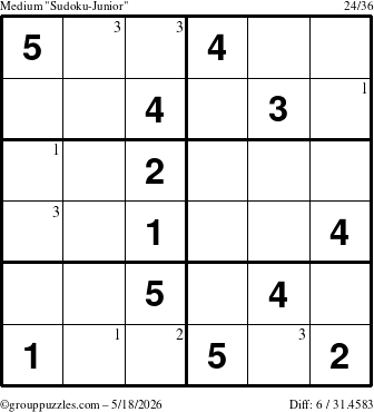 The grouppuzzles.com Medium Sudoku-Junior puzzle for Monday May 18, 2026 with the first 3 steps marked