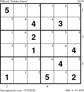 The grouppuzzles.com Difficult Sudoku-Junior puzzle for Monday May 18, 2026 with all 6 steps marked