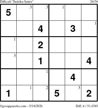 The grouppuzzles.com Difficult Sudoku-Junior puzzle for Monday May 18, 2026 with the first 3 steps marked