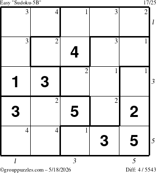The grouppuzzles.com Easy Sudoku-5B puzzle for Monday May 18, 2026 with all 4 steps marked