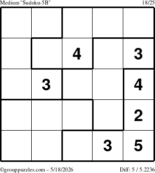 The grouppuzzles.com Medium Sudoku-5B puzzle for Monday May 18, 2026