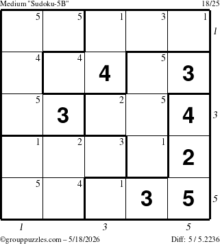 The grouppuzzles.com Medium Sudoku-5B puzzle for Monday May 18, 2026 with all 5 steps marked
