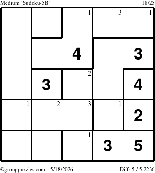 The grouppuzzles.com Medium Sudoku-5B puzzle for Monday May 18, 2026 with the first 3 steps marked
