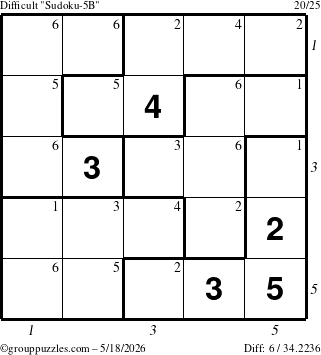 The grouppuzzles.com Difficult Sudoku-5B puzzle for Monday May 18, 2026, suitable for printing, with all 6 steps marked