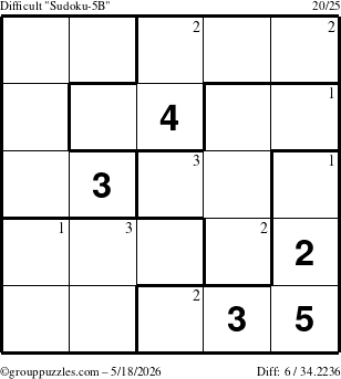 The grouppuzzles.com Difficult Sudoku-5B puzzle for Monday May 18, 2026 with the first 3 steps marked