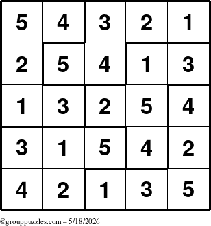 The grouppuzzles.com Answer grid for the Sudoku-5B puzzle for Monday May 18, 2026