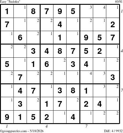 The grouppuzzles.com Easy Sudoku puzzle for Monday May 18, 2026, suitable for printing, with all 4 steps marked