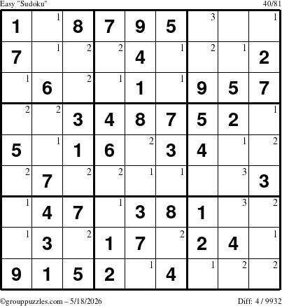 The grouppuzzles.com Easy Sudoku puzzle for Monday May 18, 2026 with the first 3 steps marked