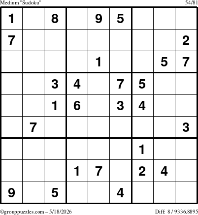 The grouppuzzles.com Medium Sudoku puzzle for Monday May 18, 2026