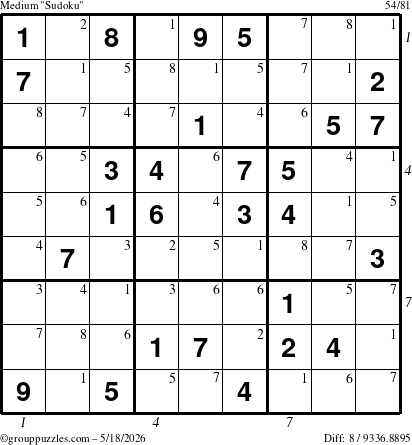 The grouppuzzles.com Medium Sudoku puzzle for Monday May 18, 2026, suitable for printing, with all 8 steps marked