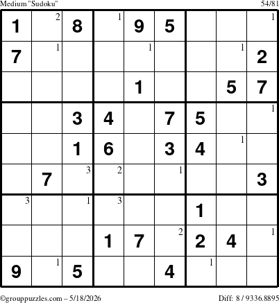 The grouppuzzles.com Medium Sudoku puzzle for Monday May 18, 2026 with the first 3 steps marked